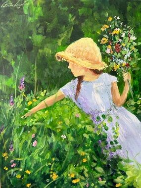 Original Home Art Painting - Girl in Meadow with Yellow Hat